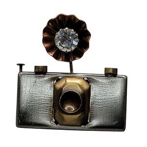 Camera Brooch Pin Photographer Vintage Rhinestone Flash Gold & Silver Tone